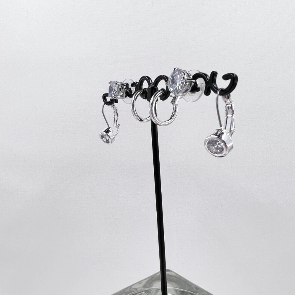 3 Pairs Shiny Silver Tone Post, Hinged Hoop, and Leaver Back Earrings - Picture 3 of 5